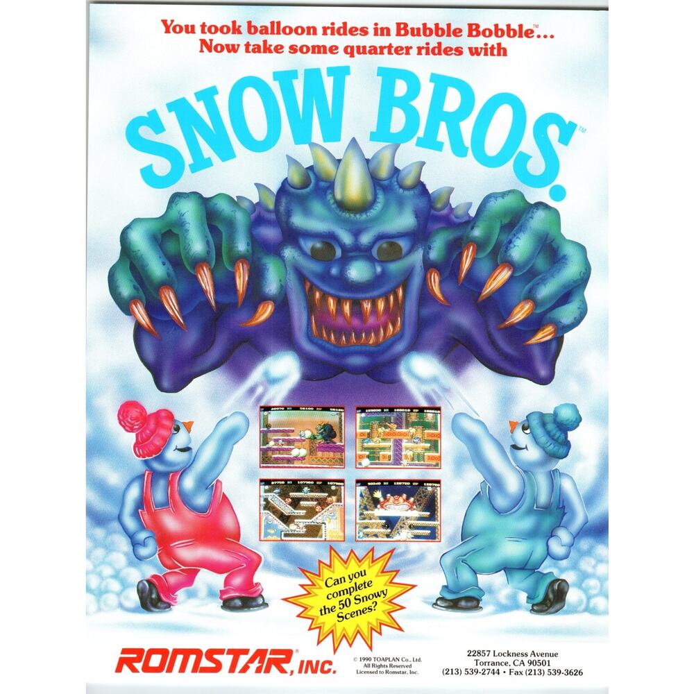 Snow Bros Arcade FLYER 1990 Original NOS Video Game Artwork Sheet Scarce